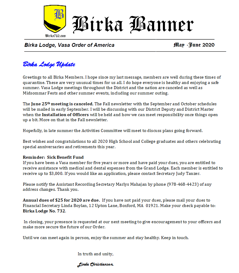 May & June Birka Banner Newsletter